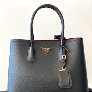 Prada Saffiano Cuir double Large Leather Tote HandBag In Black/Red
